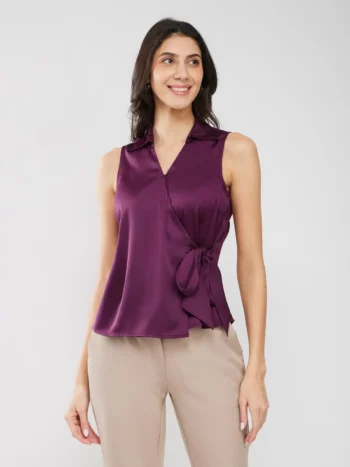 Satin Wrap Top - Plum