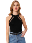 Stylish halter neck bodysuit featuring mesh insert panels and sleeveless cut for a contemporary look